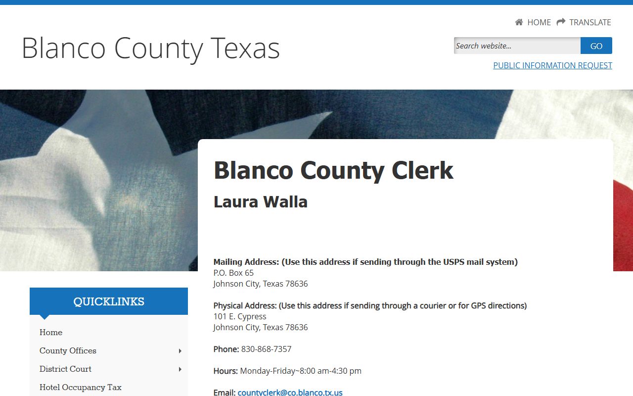 Blanco County marriage records - County Clerk page with license process and fees