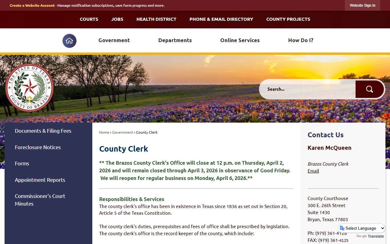 Brazos County marriage records - County Clerk department page