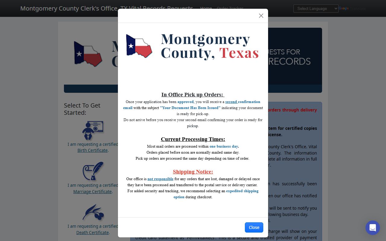 Montgomery County marriage records - online ordering portal