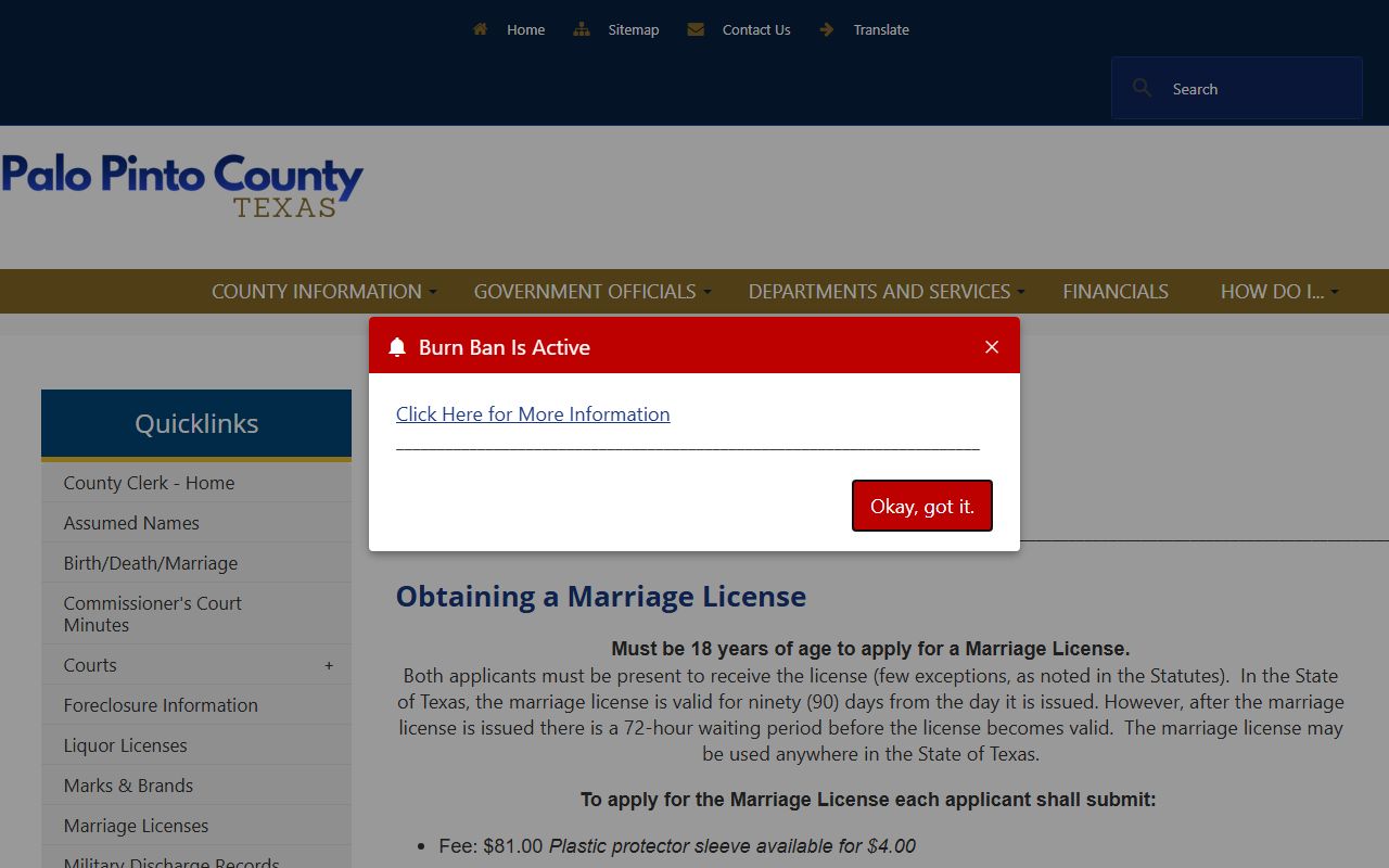 Palo Pinto County marriage records - marriage license information page