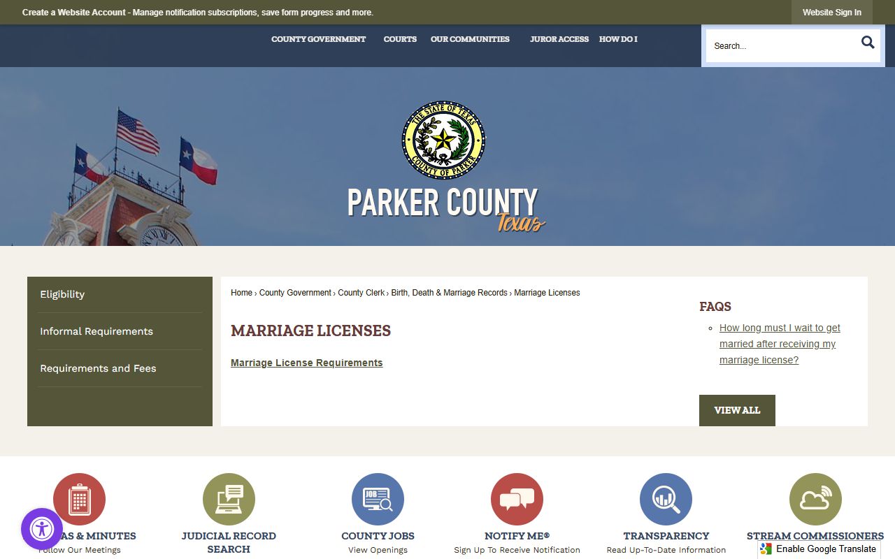 Parker County marriage records - marriage license fee schedule
