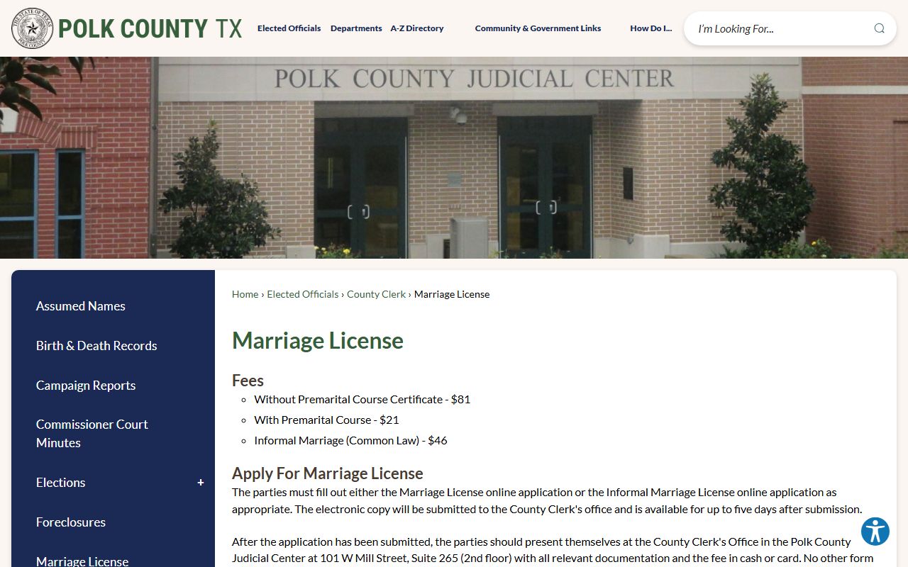 Polk County marriage records - marriage license information page