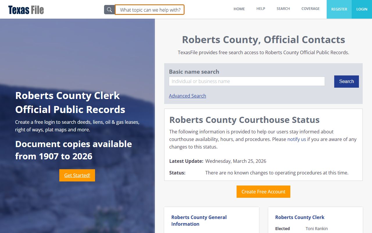 Roberts County marriage records - county clerk records