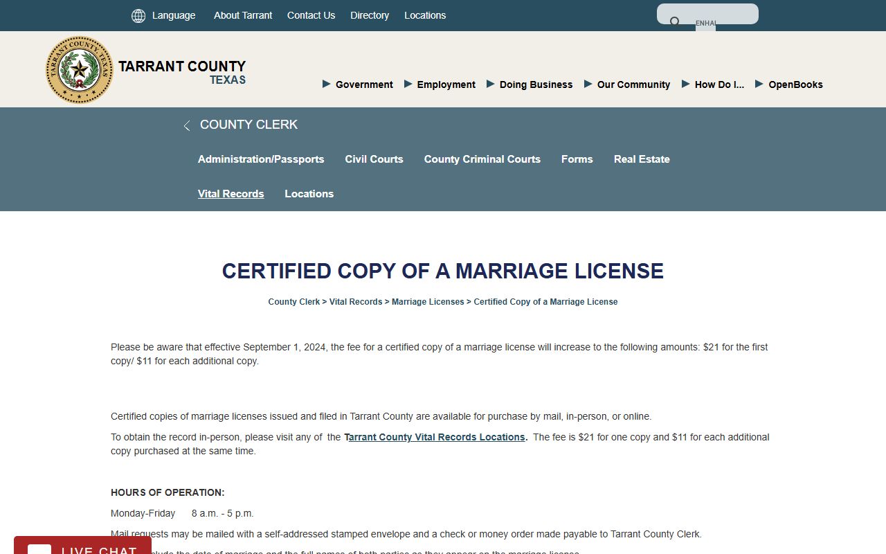 Tarrant County marriage records - certified copy fees and ordering information