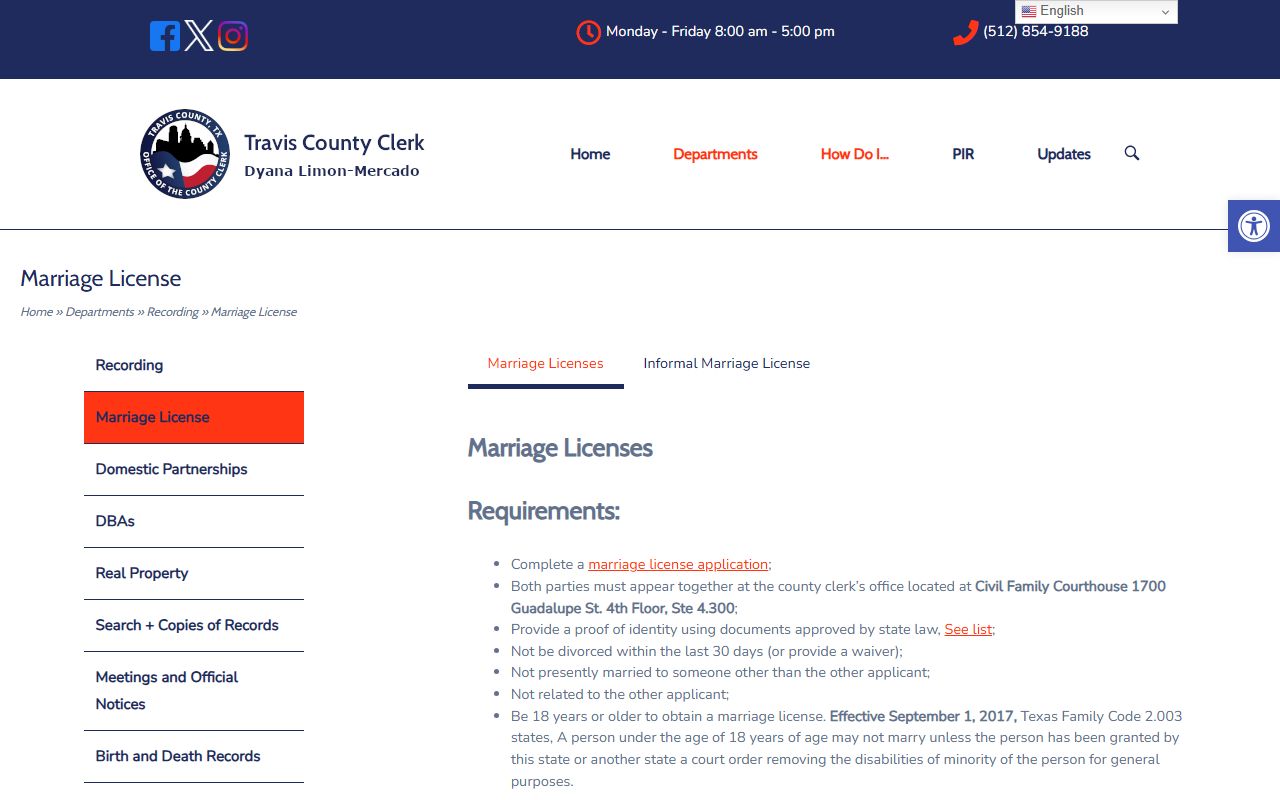 Travis County marriage records - county clerk marriage license page