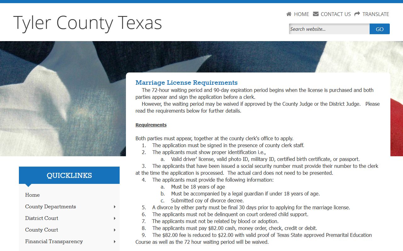 Tyler County marriage records - county clerk marriage information page