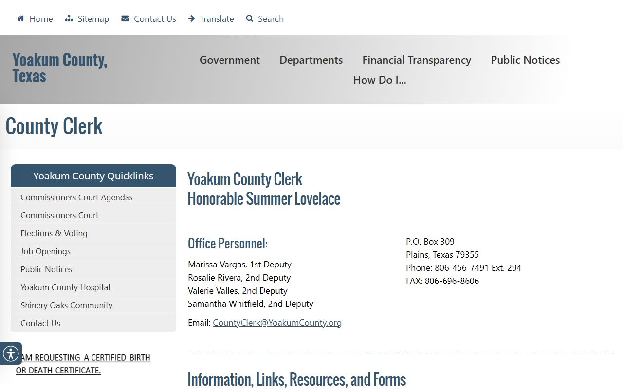 Yoakum County marriage records - County Clerk page in Plains Texas