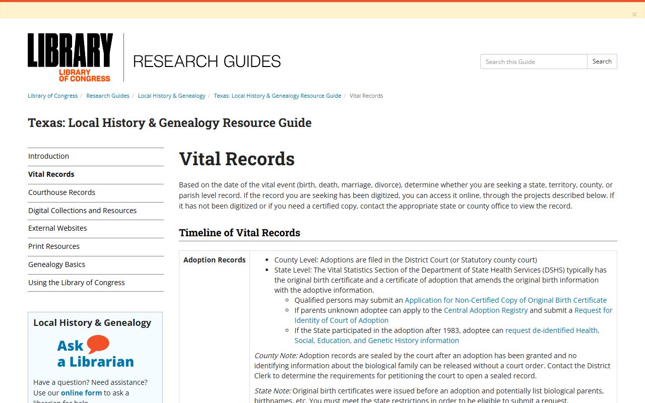 Library of Congress Texas local history and genealogy vital records guide - marriage record resources