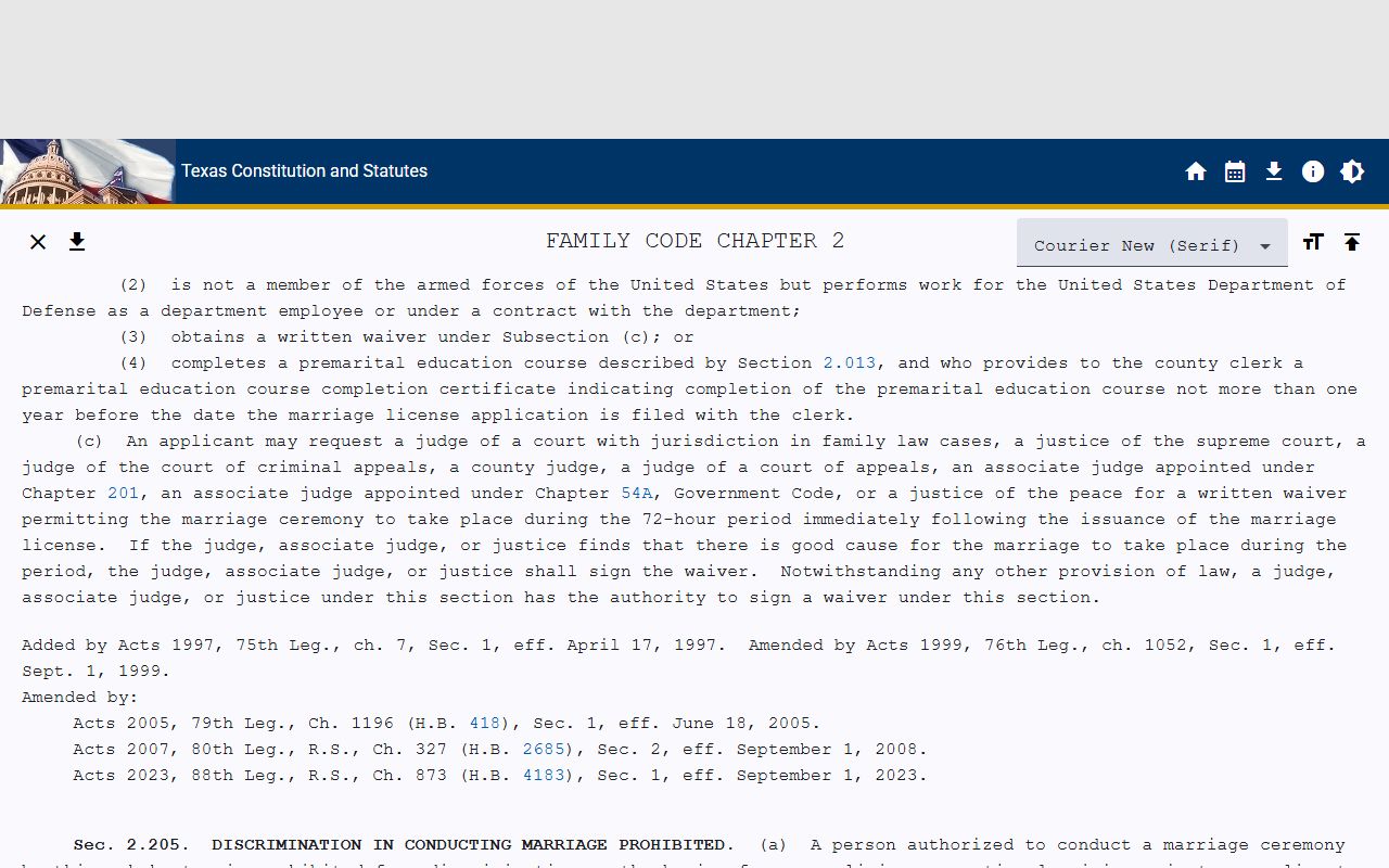 Texas Family Code Section 2.001 marriage license statute on Texas public law website