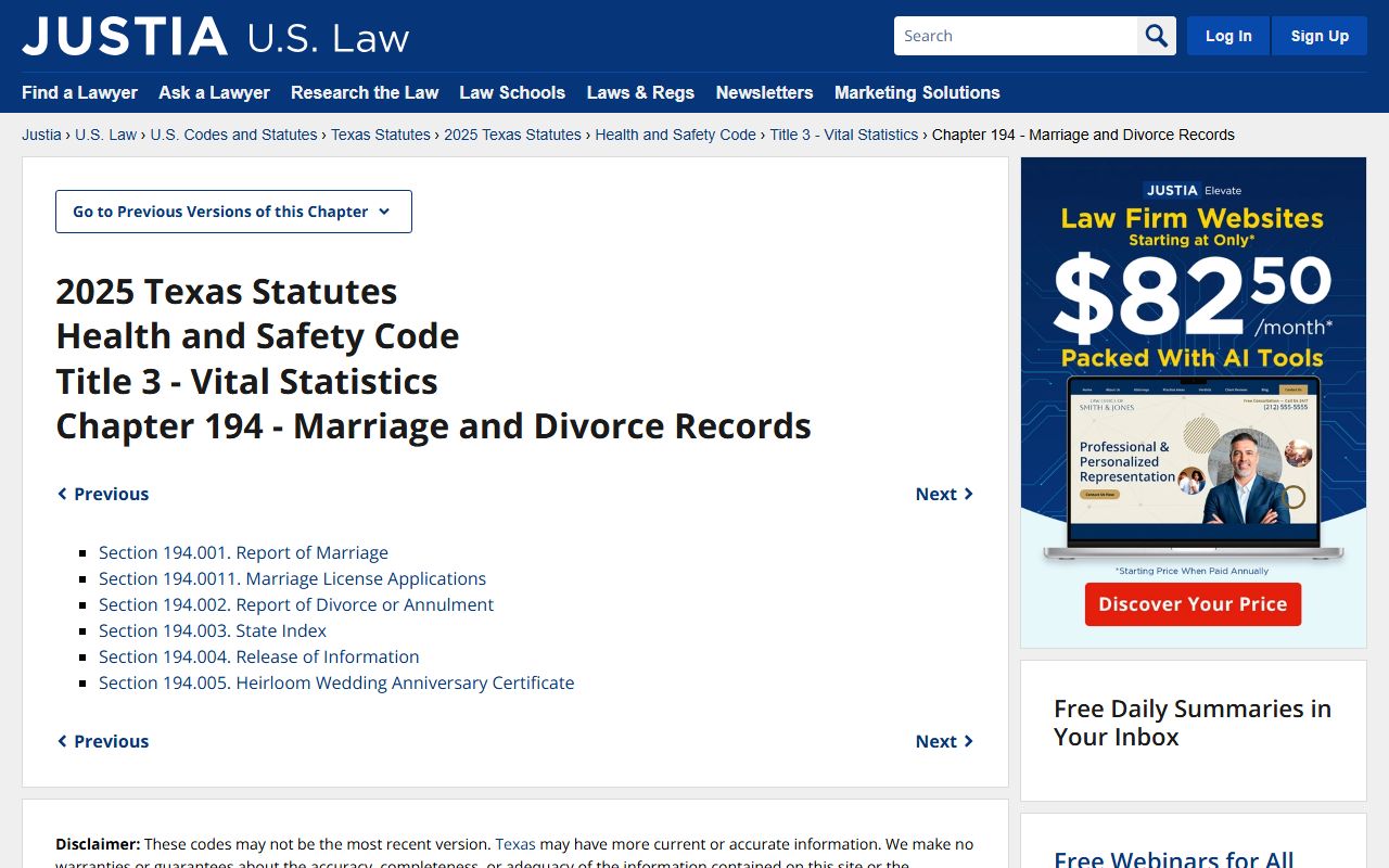 Texas Health and Safety Code Chapter 194 on Justia - marriage and divorce records requirements