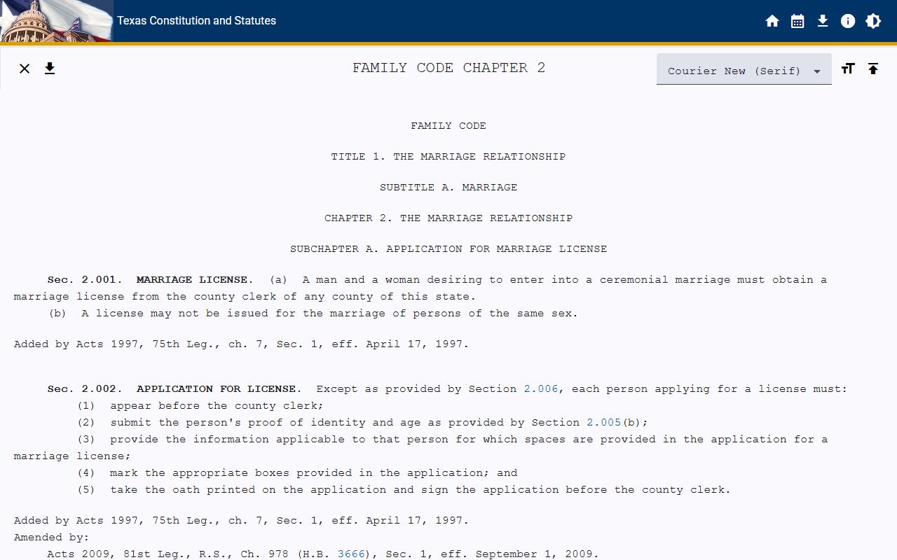 Texas Family Code Chapter 2 marriage license requirements on the Texas Legislature website